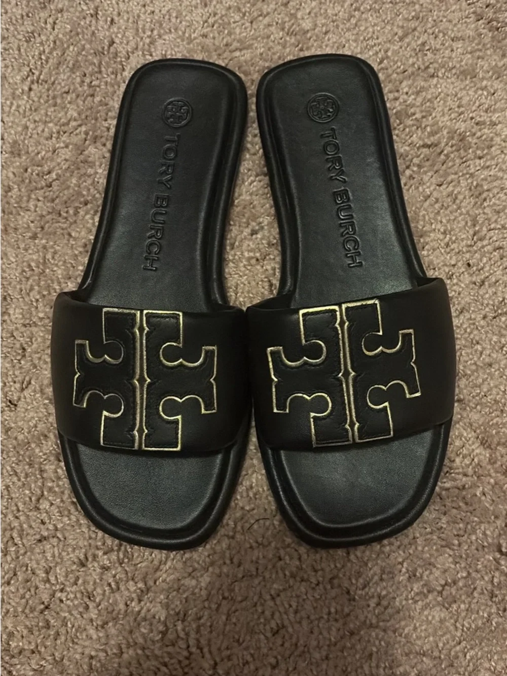 Tory Burch Black Leather Slide Sandals with Gold Logo Trim